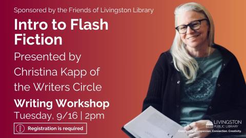 Banner advertising our flash fiction workshop on Sep 16