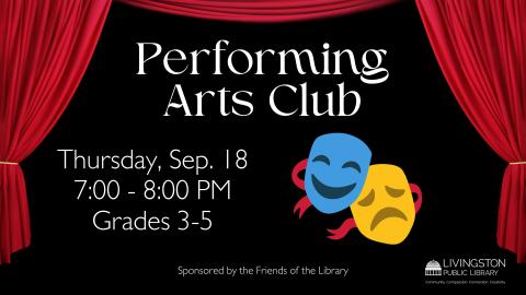 Comedy and tragedy masks in front of a stage.