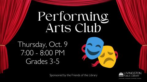 Comedy and tragedy masks in front of a stage.