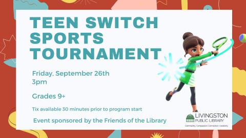 Red background with different colored flair. Then, a white background with blue texts. Image of a "Switch Sports" Character.