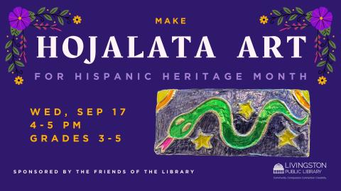 make hojalata art for hispanic heritage month. WED, SEP 17. 4-5 pm. GRADES 3-5. Photograph of tinfoil art portraying a snake in the night sky.