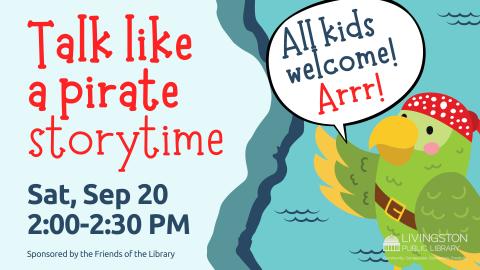 Picture of parrot dressed as a pirate. The parrot has a speech bubble that reads, "All kids welcome! Arrr!"