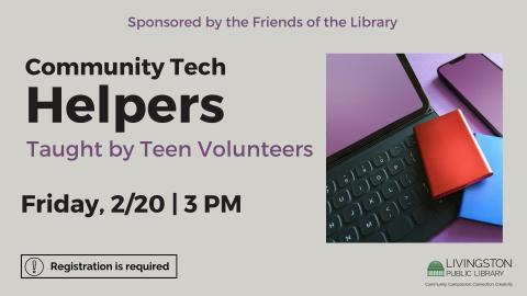 Grey background with black and purple text. Picture of computer on the right side.