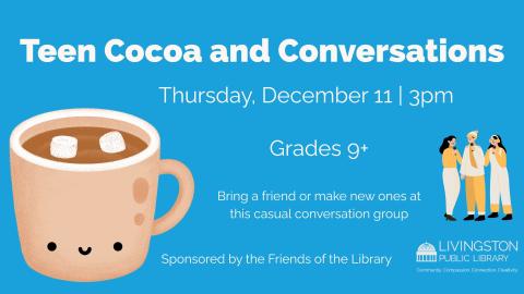 Blue background with white text. Picture of a couple friends standing together as well as a large hot coco mug.