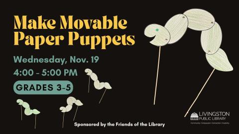 Make Movable Paper Puppets. Images of a smiling green worm/snake/eel puppet in different configurations.