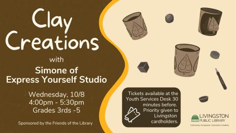 clay creations with simone from express yourself studios text over a brown clay like background