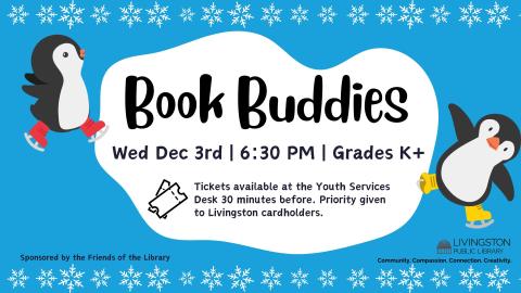 Blue background with black text. Penguins and snowflakes around the image.