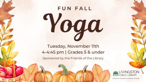 Fun fall yoga. Images of pumpkins and leaves.