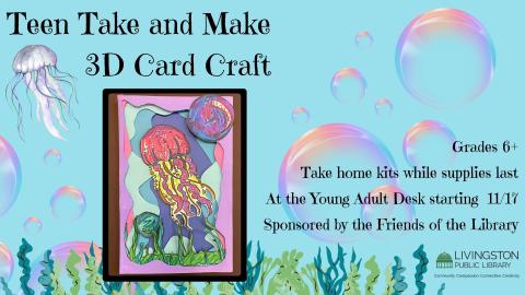 Blue background with bubbles and a photo of a jellyfish-themed card