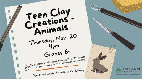 Blue background with clay sculpting tools around the page. Image of clay created bunny. Sheet of lined paper with black text.