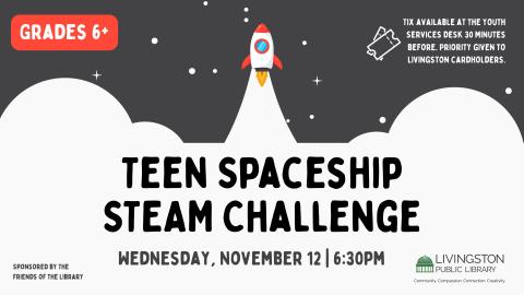 Spaceship blasting off. Grey background with a cloud like background. Black text.