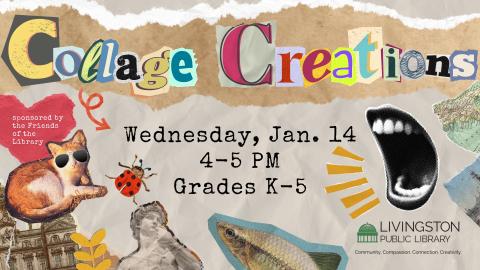 Collage Creations. Grades K-5. Images of newspaper clippings and other photographs arranged haphazardly.