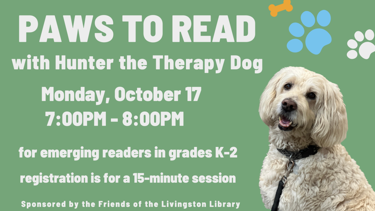 paws to read with hunter the therapy dog, with a picture of a golden doodle dog