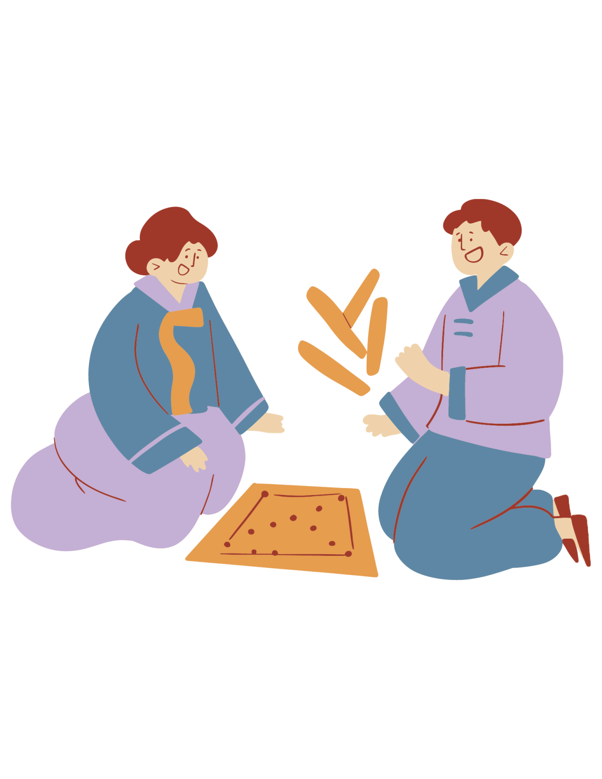 Two people playing the Korean game Yut-Nori