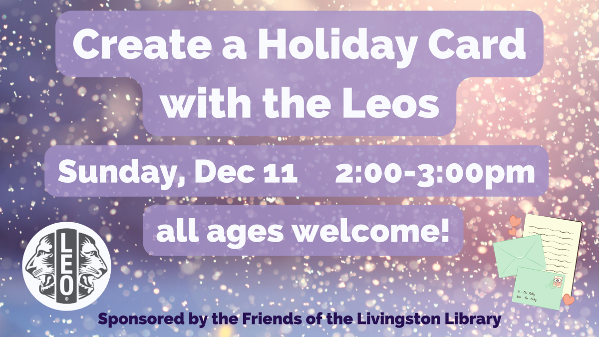 white text reading create a holiday card with the leos on a purple sparkling background with small graphics of a greeting card and a logo of two lion heads facing away from each other