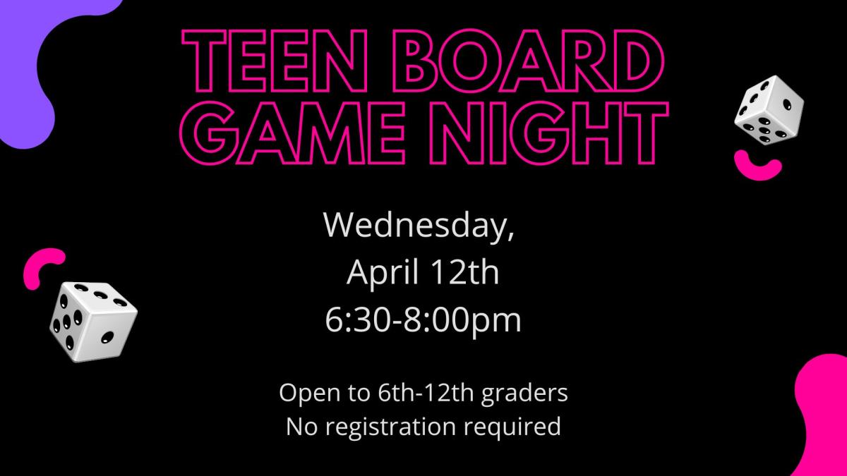 Board game night promo. Black background, dice, event description and time.