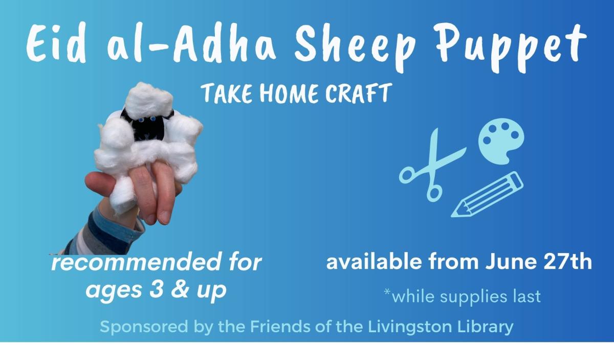 white text reads eid al-adha sheep take home craft on a blue gradient background