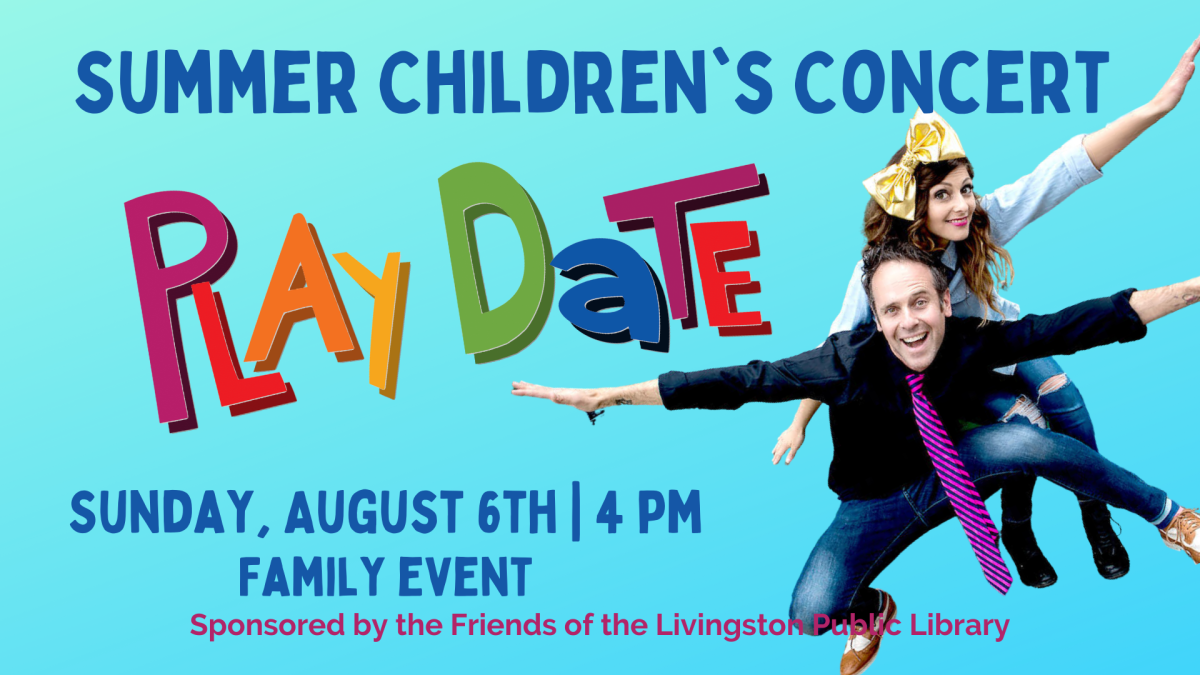 Summer Children's Concert Play Date multicolored text over a blue gradiated background 