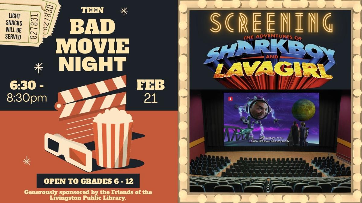 On the left, is a black background with reddish orange floor. 3D glasses and popcorn. Tan text. On the right there is a screenshot from the Movie.