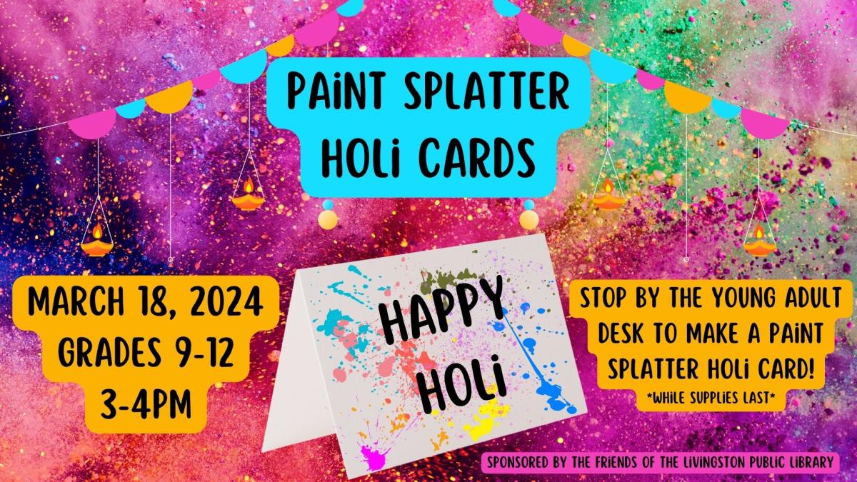 Colorful "Holi" background. Blue and orange text boxes with black text.