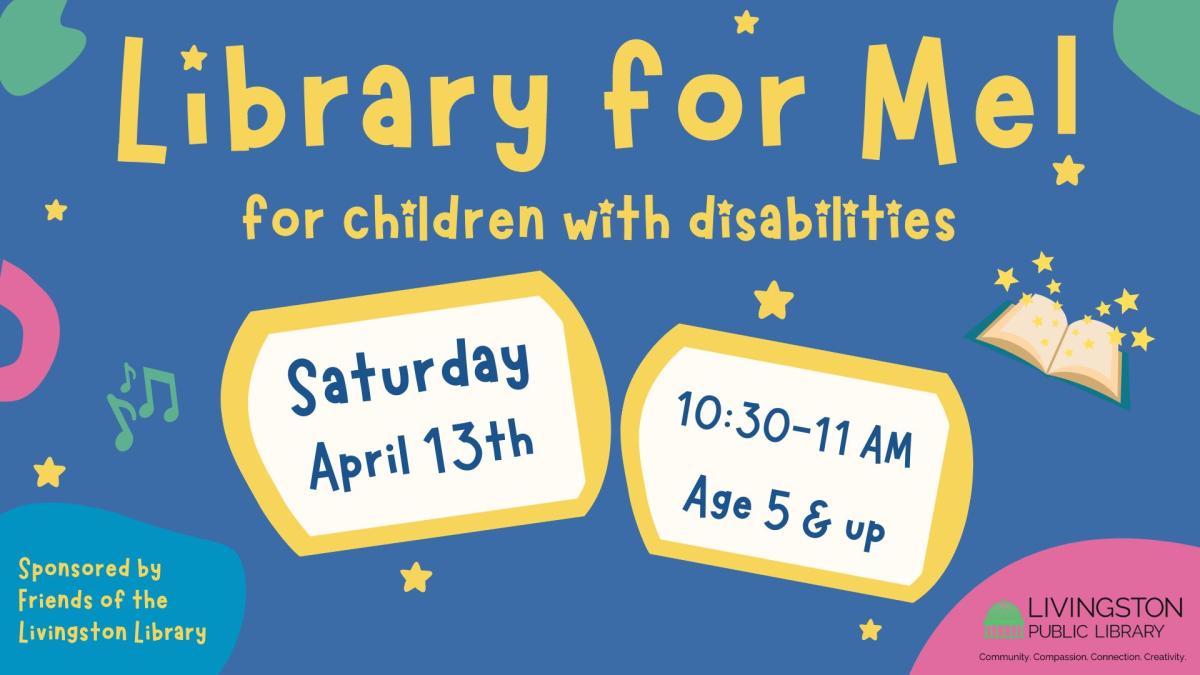 yellow text on a blue background reading library for me! for children with disabilities