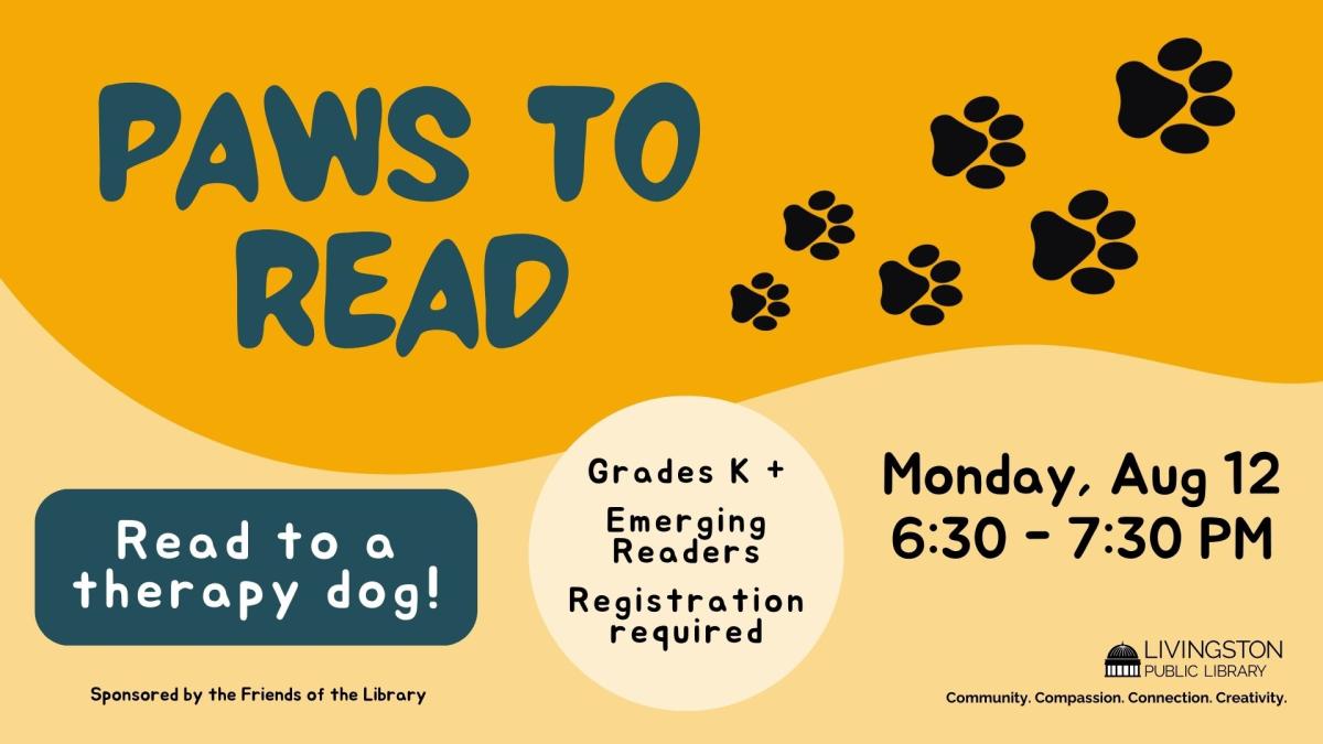 Paws to read: read to a therapy dog! Image of dog prints.