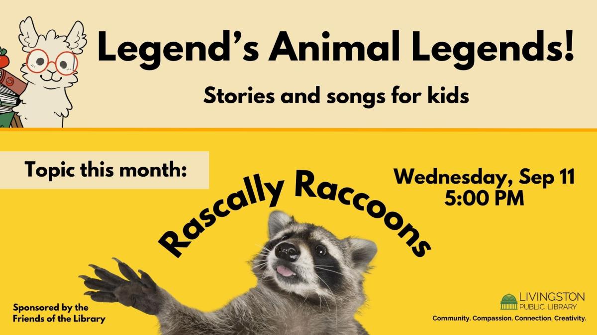 Legend’s Animal Legends! Stories and songs for kids. Topic this month:  Rascally Raccoons. Wednesday, Sep 11, 4:00 PM. Photograph of a raccoon with its tongue out. Picture of Legend the Llama.