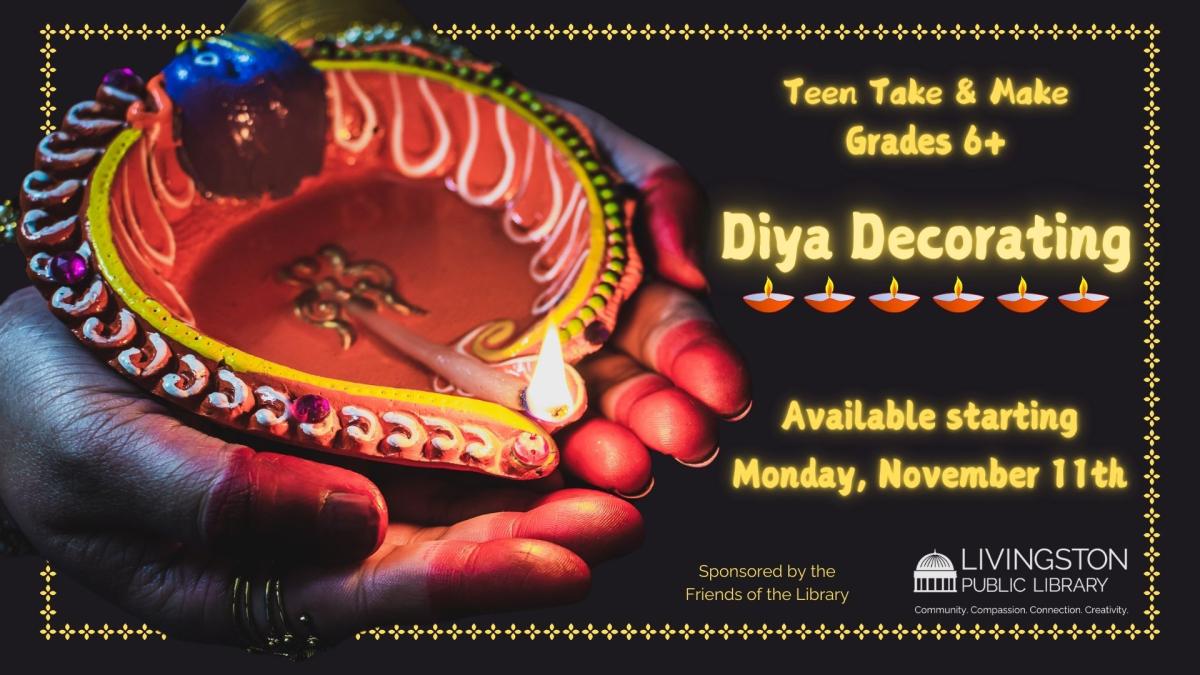 On the left is a picture of a traditional diya. On the right, this is text in yellow with diya emojis included.