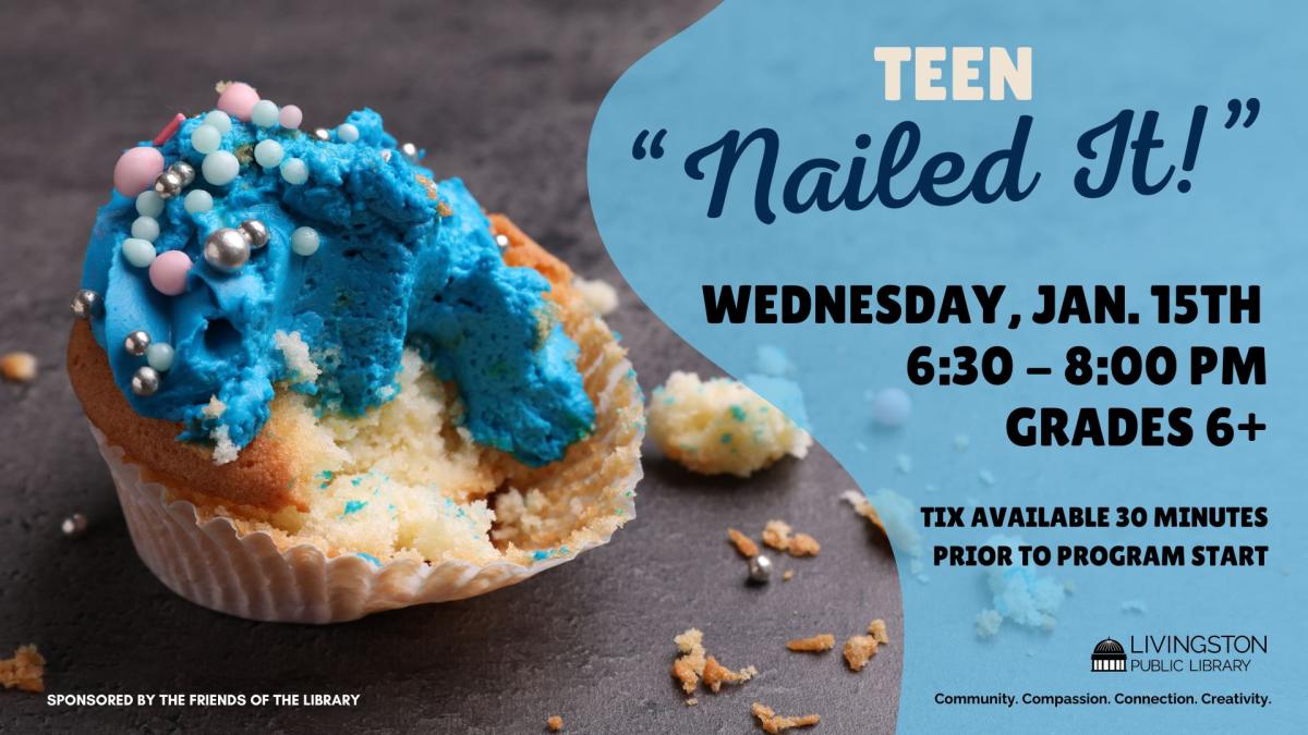 Smashed cupcake on left side of the screen. Blue background on right side with text above.