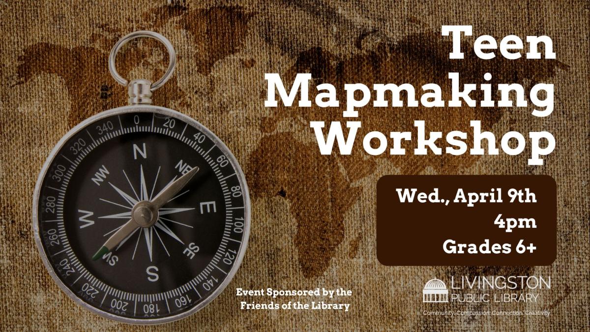 Background looks like it is a map. Large compass on the left side. White text. 