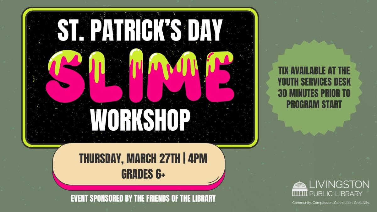 Green background. Smaller black box with the word slime in it which looks like slime is on it. 