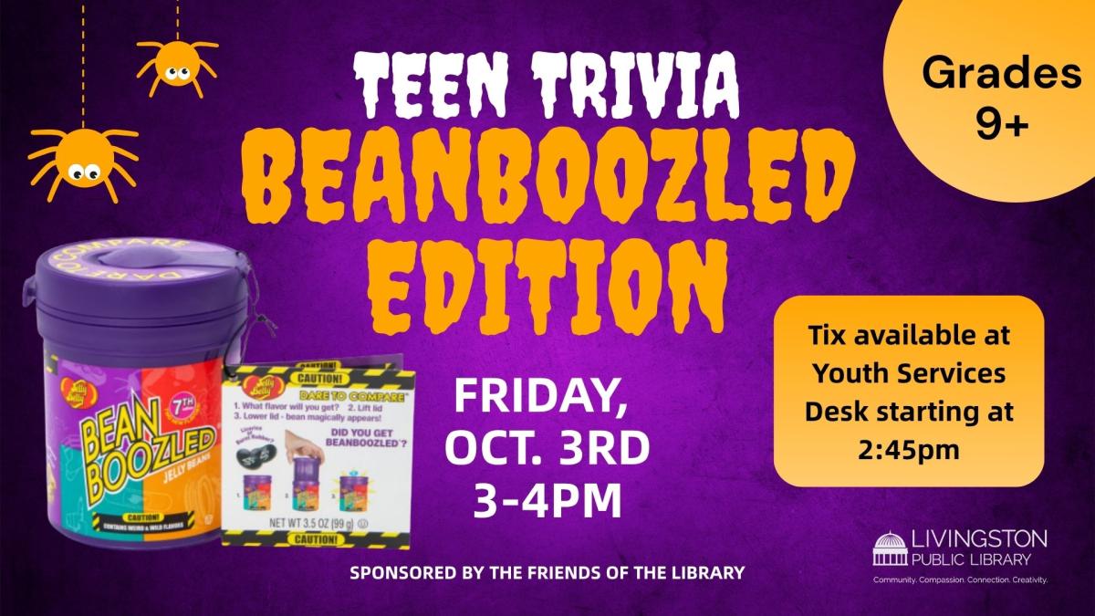 Purple backdrop. Yellow flare text. Image of the bean boozled container.