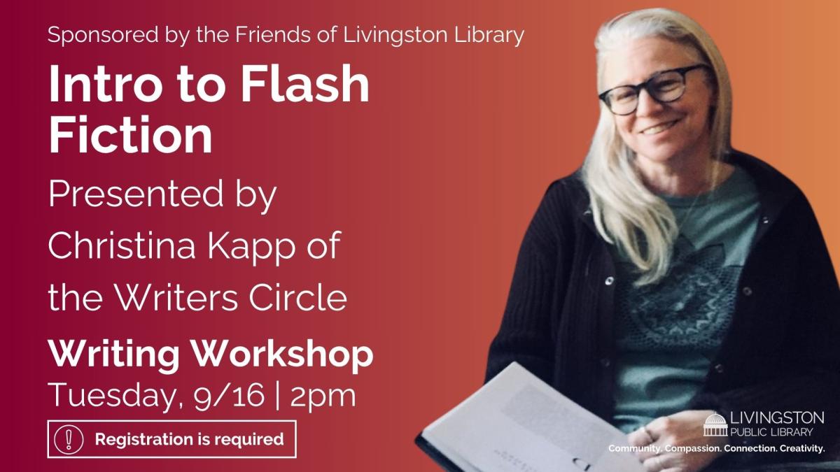 Banner advertising our flash fiction workshop on Sep 16