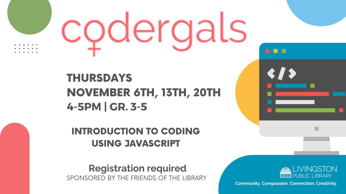 White background with different colored shapes as flairs. Pink codergals logo. Black text.