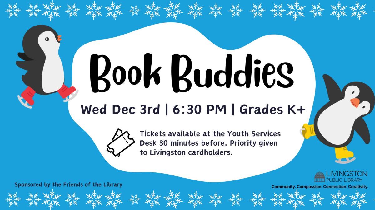 Blue background with black text. Penguins and snowflakes around the image.