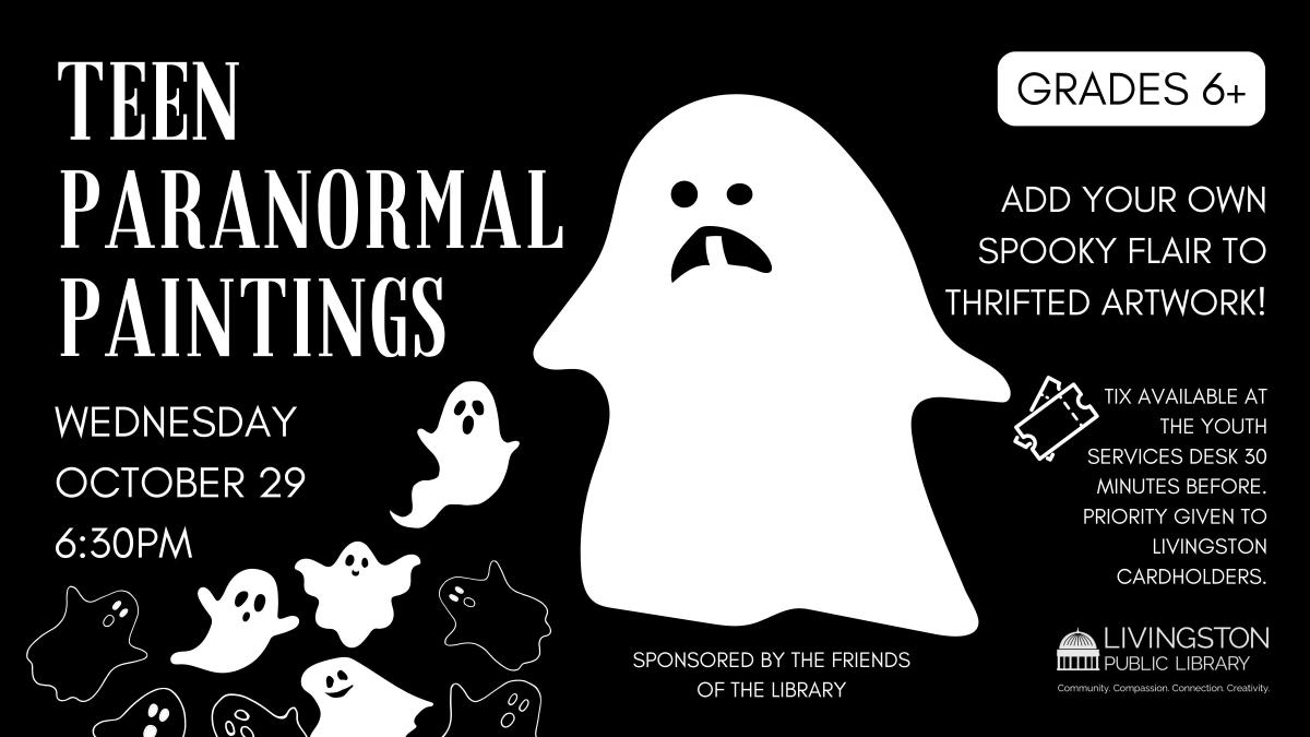 White text, black background. Ghosts decorating the photo.